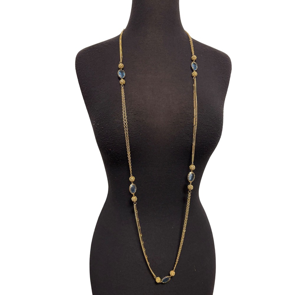 52" Opera Length Gold Tone Multi Strand Necklace Blue Stone Filigree Vintage